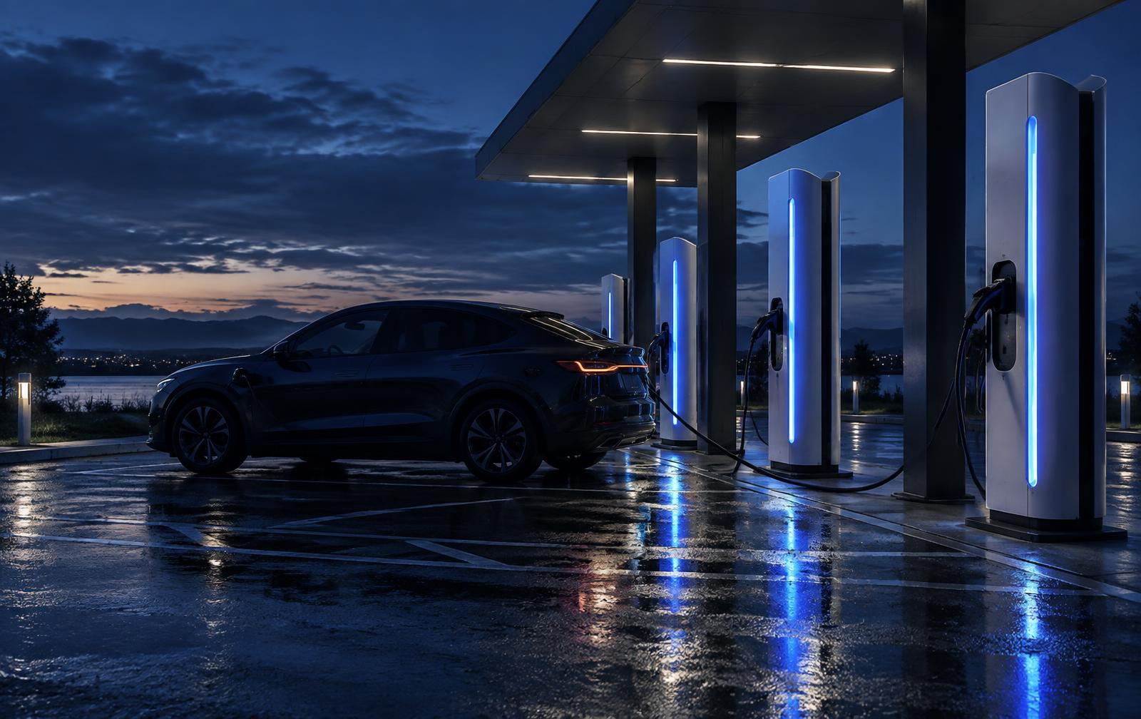 Estação de recarga de veículos elétricos iluminada ao anoitecer
